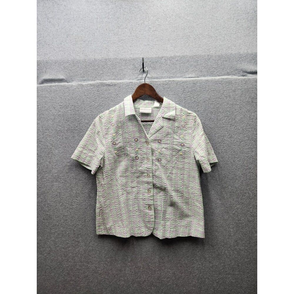 Alfred Dunner Womens Petite Plaid Short Sleeve Blouse 8P Green & Purple Embroide
